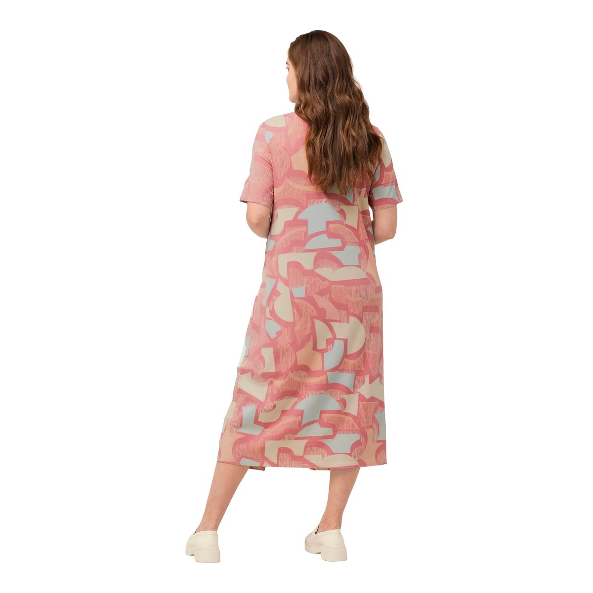 Robe maxi, ruban à froncer, col V vieux rose tendre, ULLA POPKEN