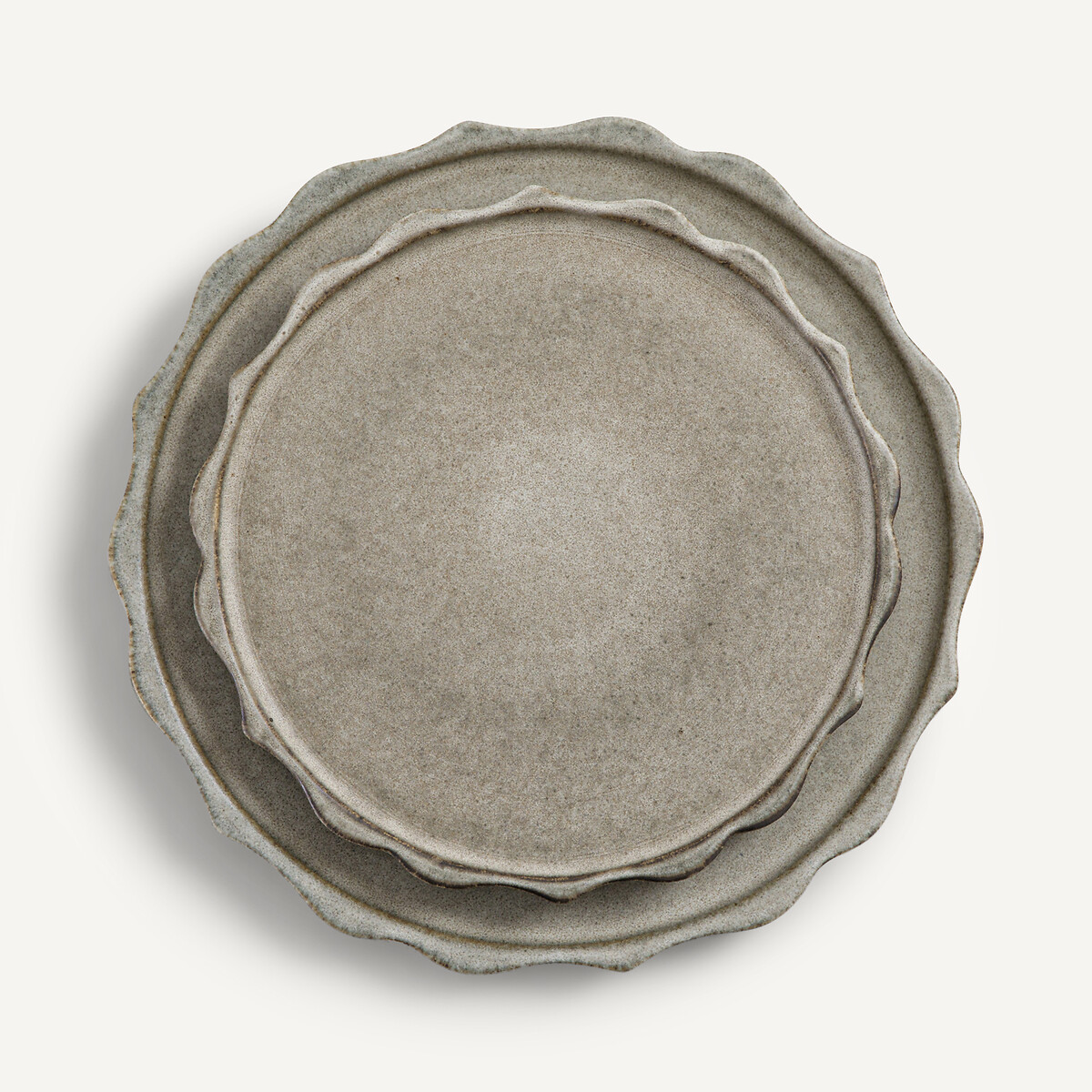 Lot 4 assiettes plates grès émail réactif, Arigato blanc grisé, AM.PM