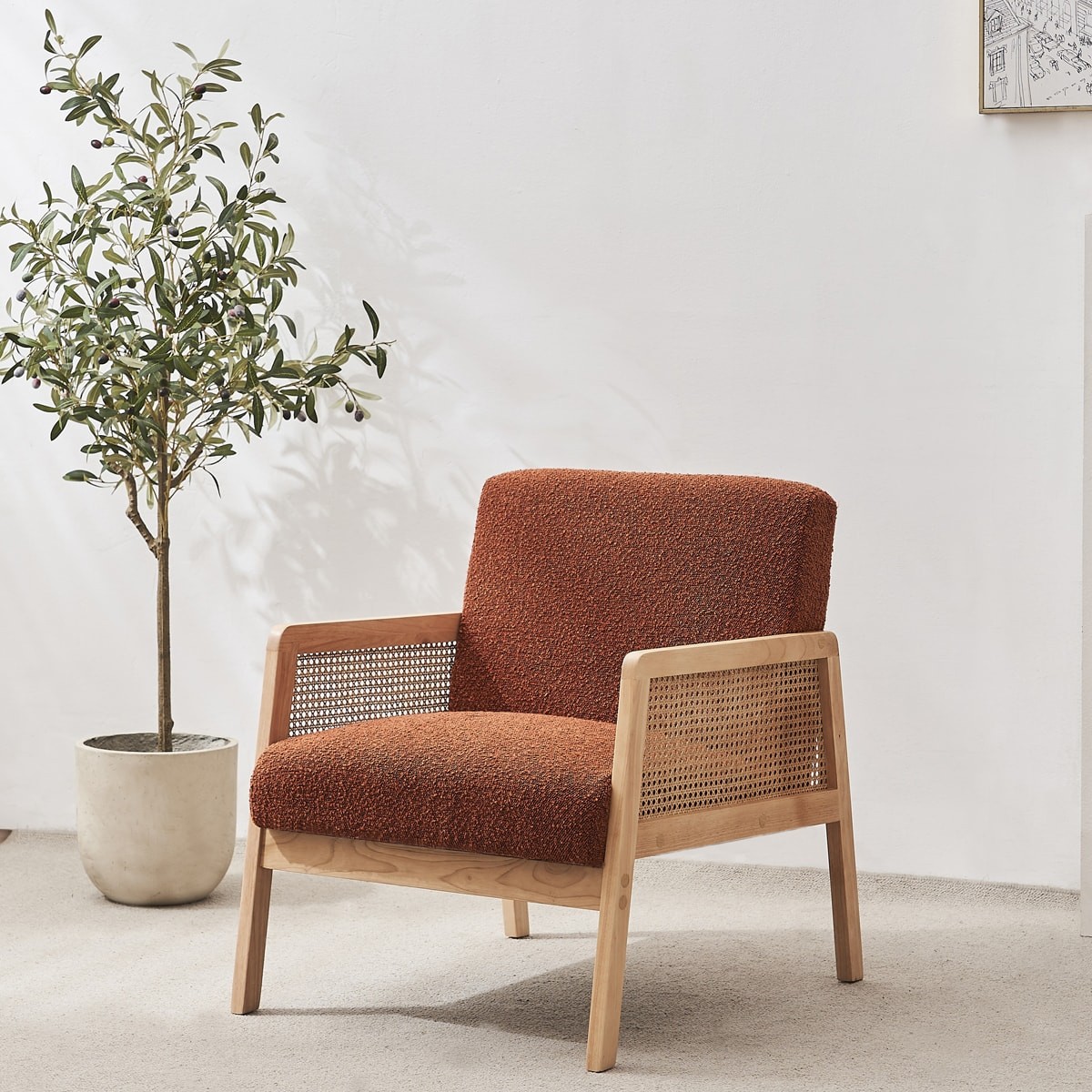 Fauteuil en cannage et tissu bouclé - MANI rouille, HOMIFAB