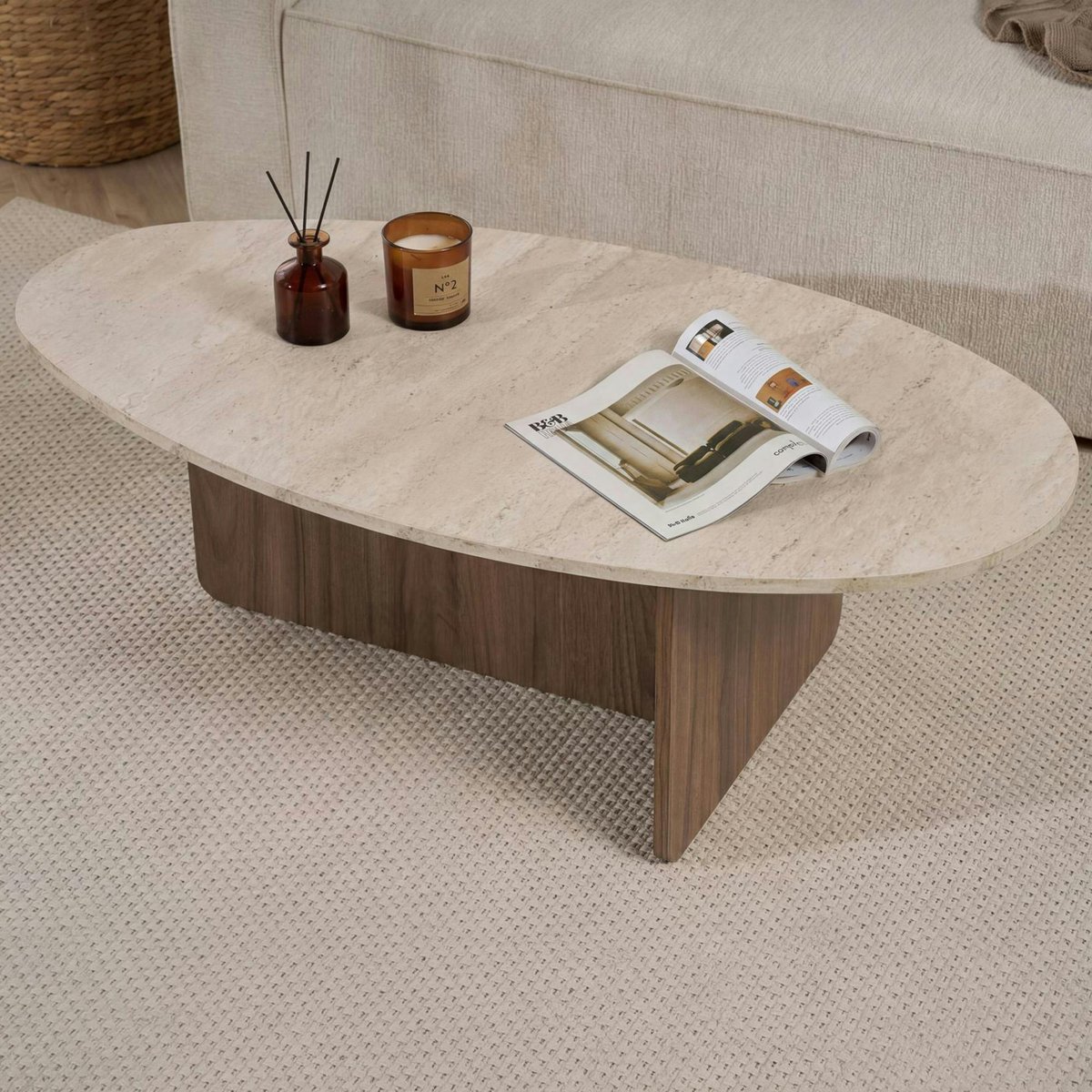 Table basse ovale organique décor travertin et noyer MARFA beige, PIER IMPORT