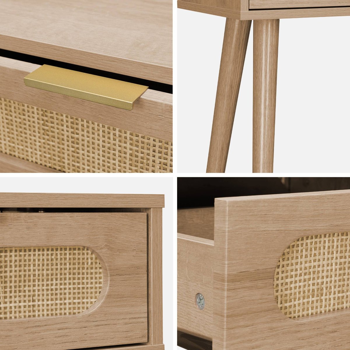 Console scandinave décor bois et cannage arrondi 1 tiroir EVA naturel, SWEEEK