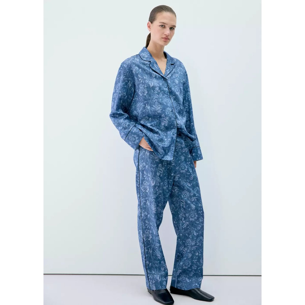 Pantalon pyjama imprimé passepoil bleu marine, MANGO
