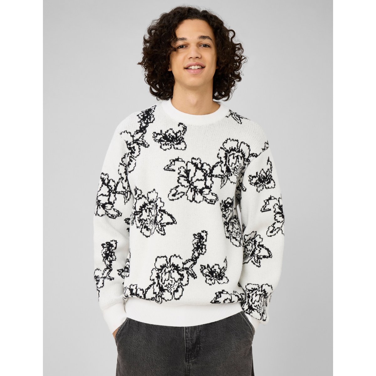 Pull jacquard fleurs blanc écru, BZB