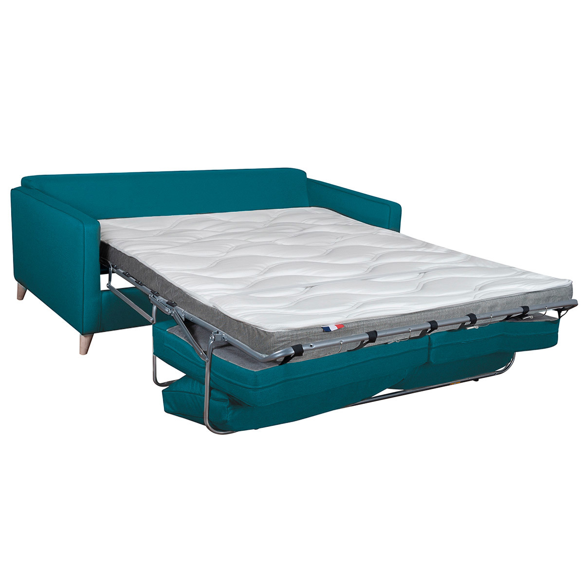 Canapé convertible scandinave 3 places avec matelas 10 cm PAPEL bleu canard, MILIBOO