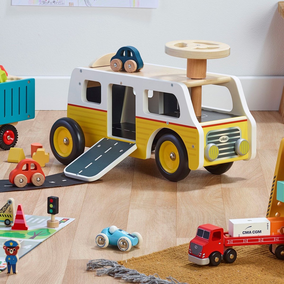 Porteur Van garage en bois jaune, VILAC