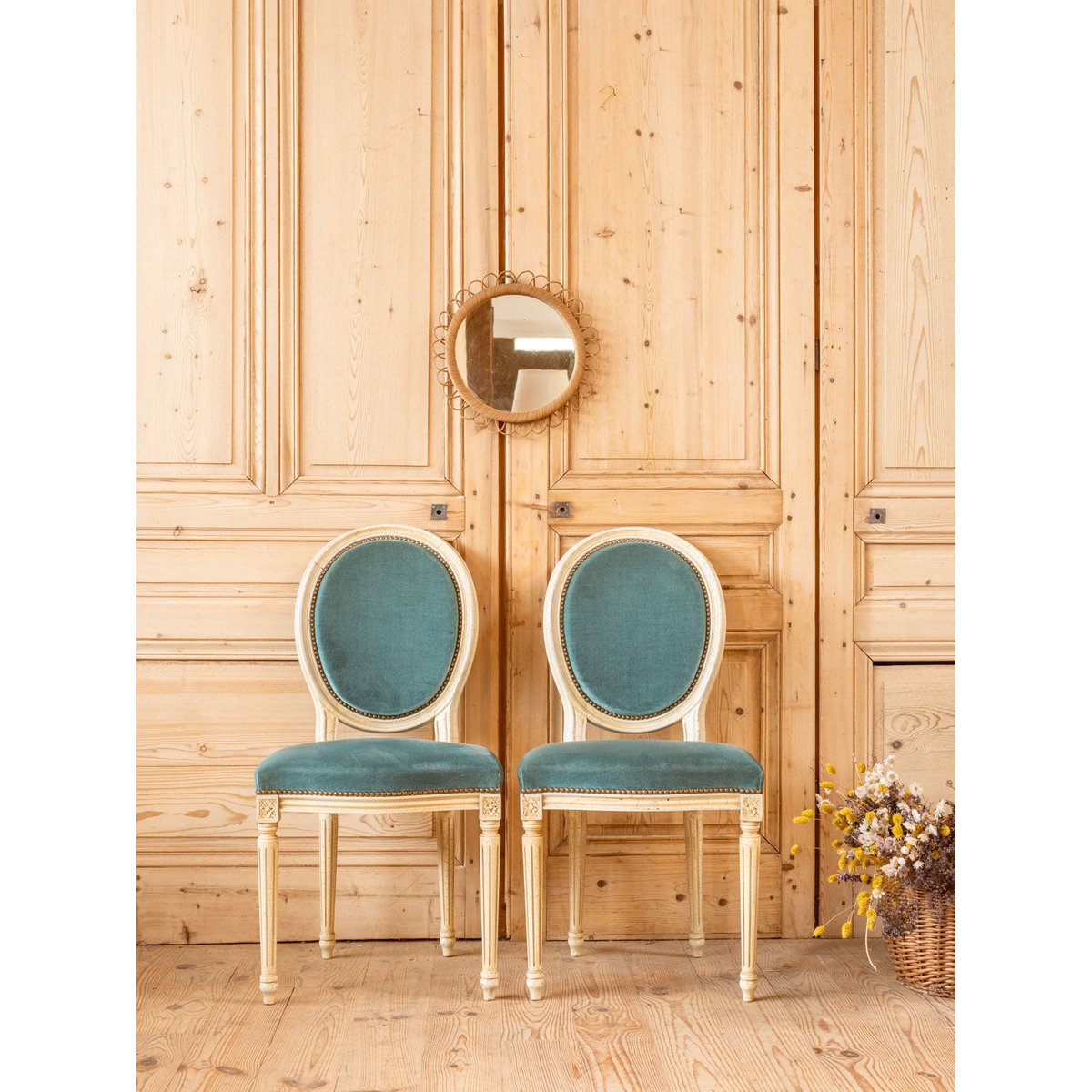 Lot de 6 chaises en bois et tissu bleu Claude N°1463 - Bon état bleu, DEBONGOUT