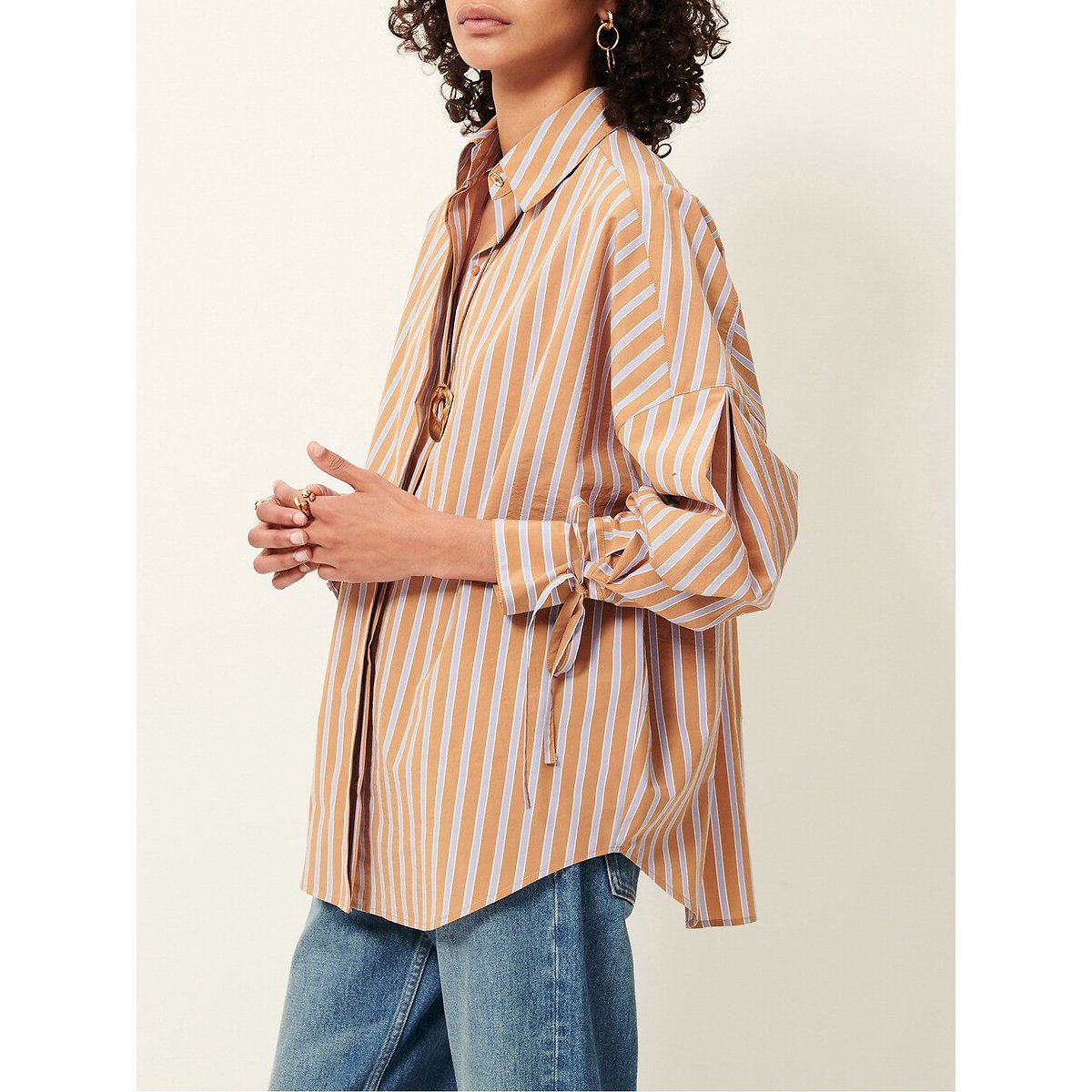 Chemise rayée ample, à manches longues avec liens à nouer, ARMANDO camel, SESSUN
