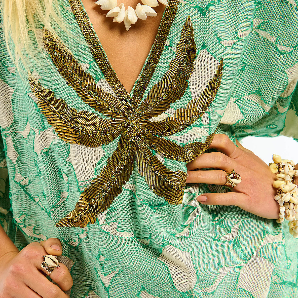 Robe longue brodée en coton et perles IVANE vert, WILD