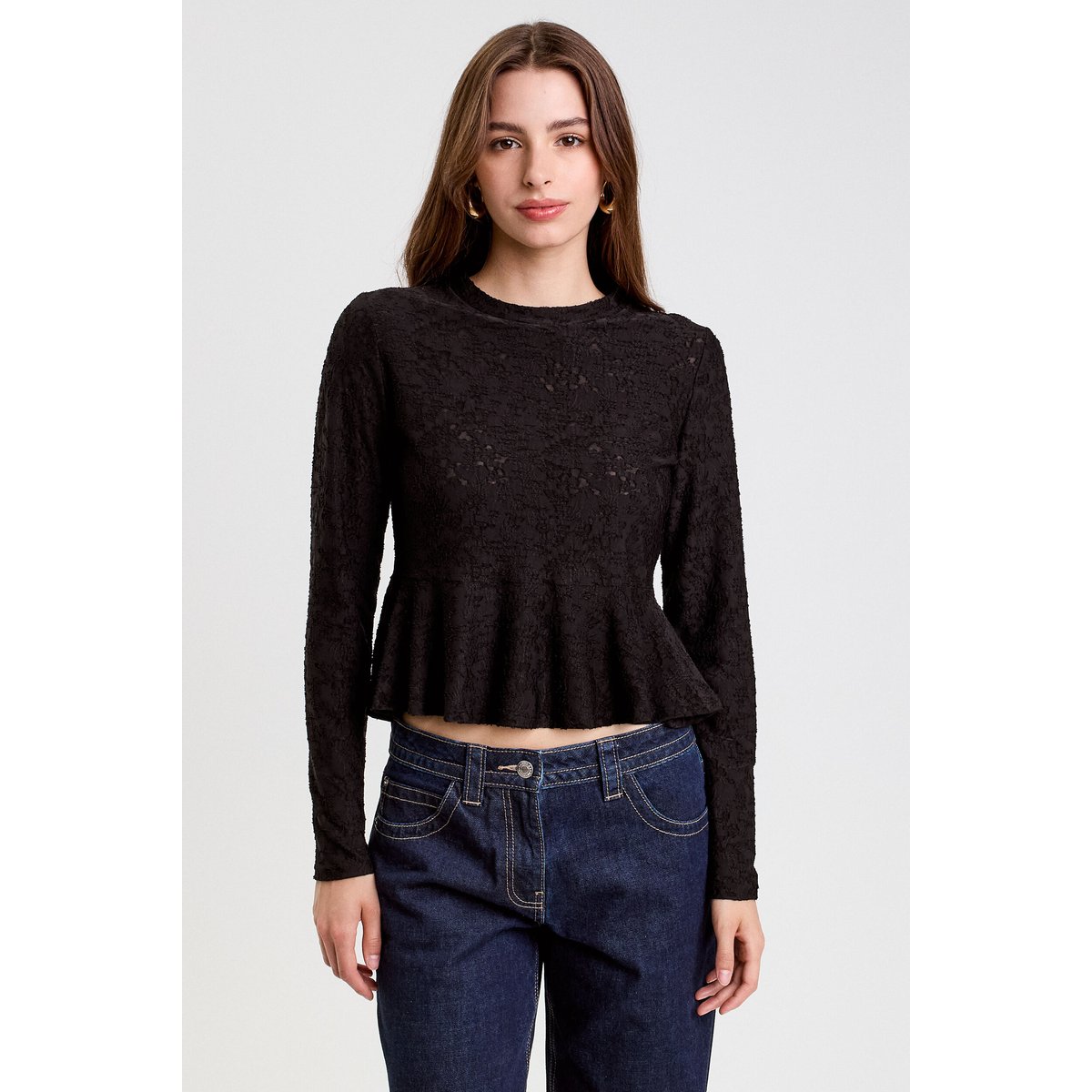Blouse ajustée col rond manches longues noir, CACHE CACHE