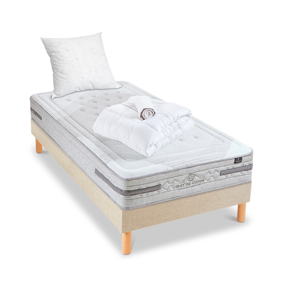 Pack Sérénade 140x200 cm Matelas Ressorts ensachés + Sommier Bois + Accessoires beige, BELLECOUR