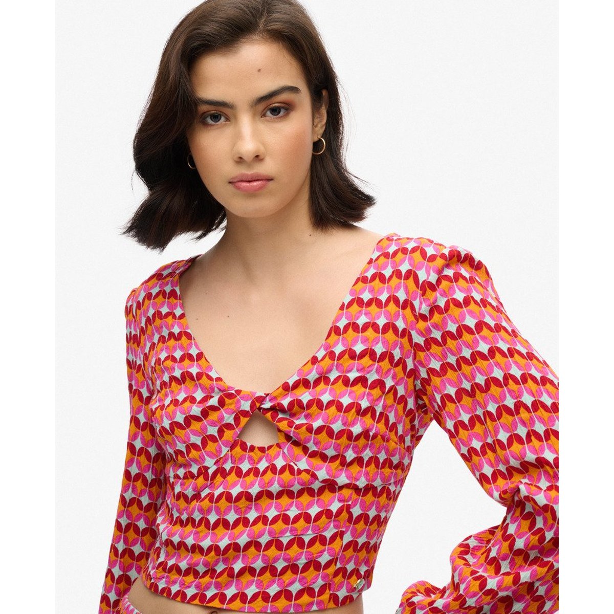 Top court tissé à manches longues rose géo années 70, SUPERDRY