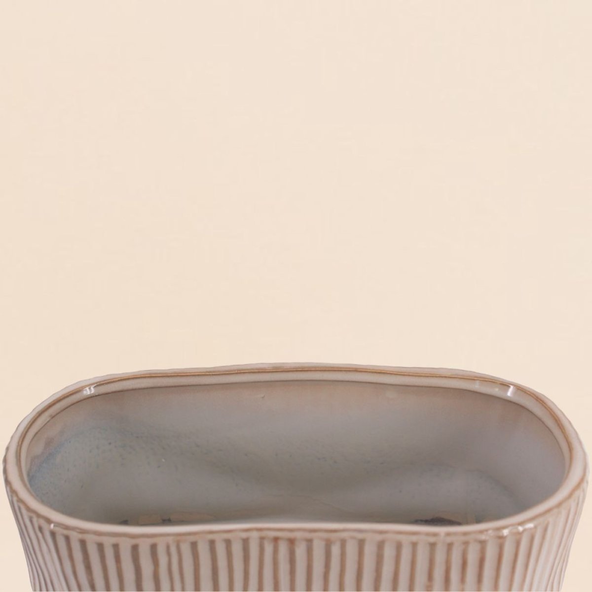 Cache-pot ovale en céramique striée 26x15cm marron, ORNAMI