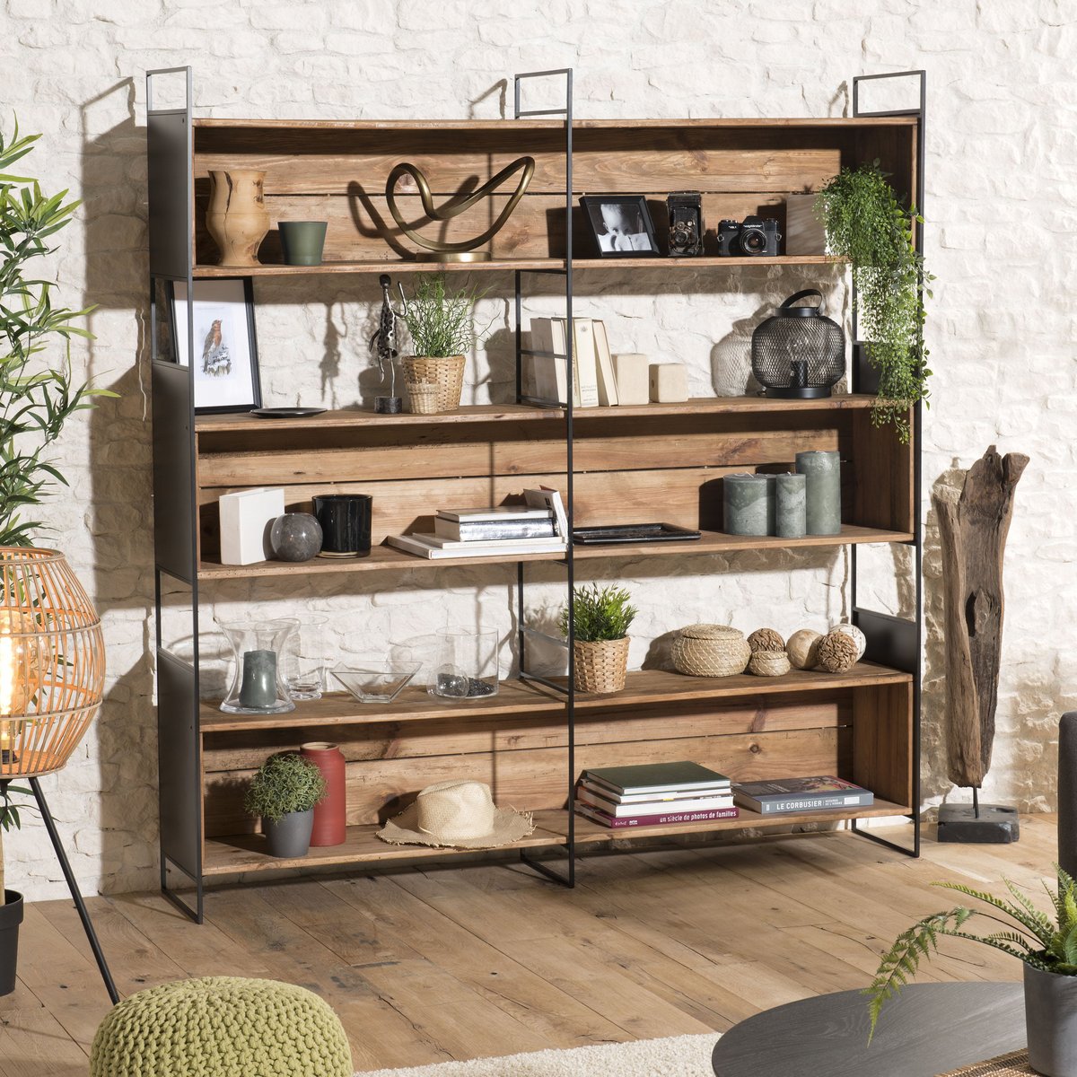 Bibliothèque en bois recyclé 180cm 6 niveaux avec niches de rangement style vintage CRACOVIE bois naturel, PIER IMPORT