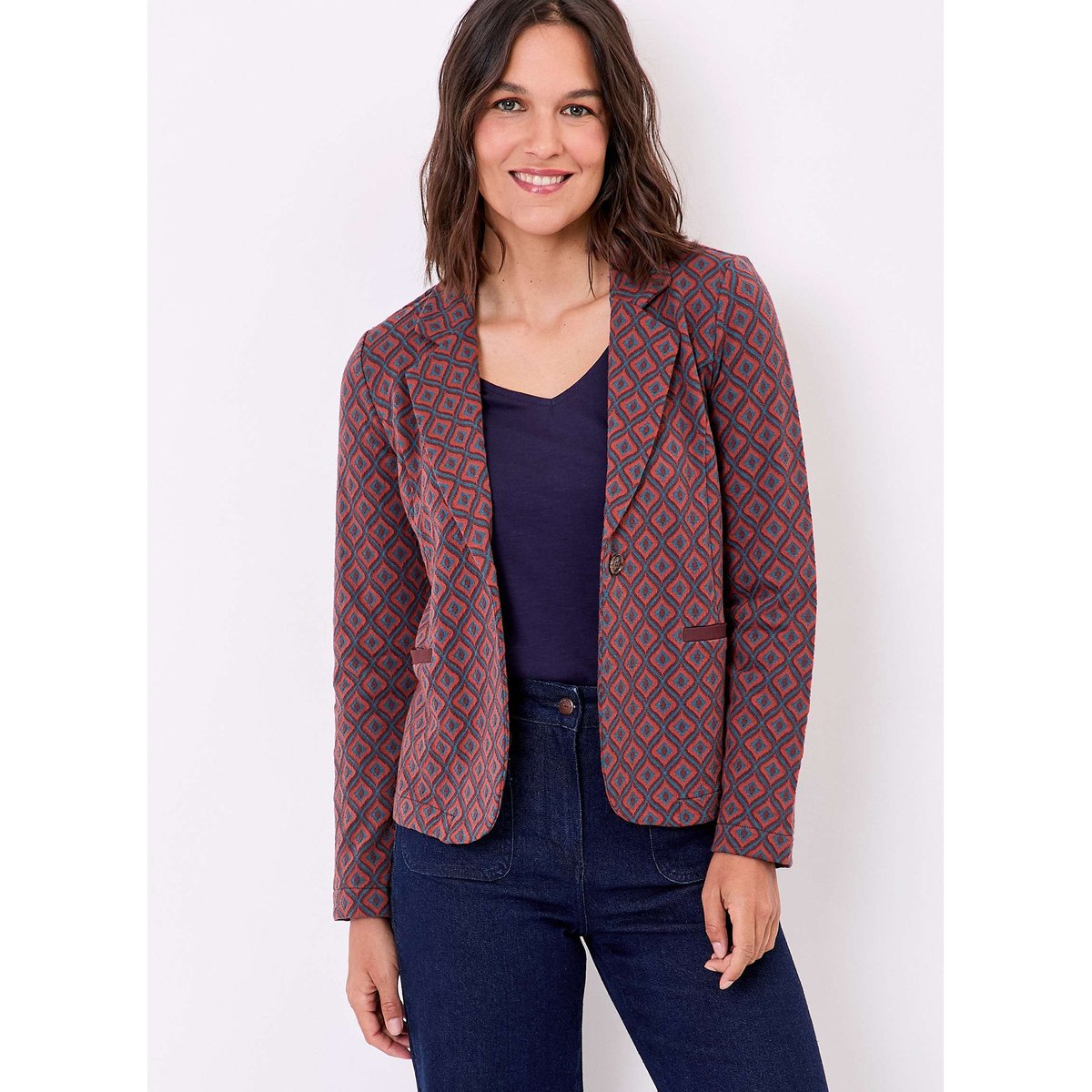 Blazer souple en maille jacquard recyclée ANATOLIE marron bleu solange, PRINCESSE NOMADE