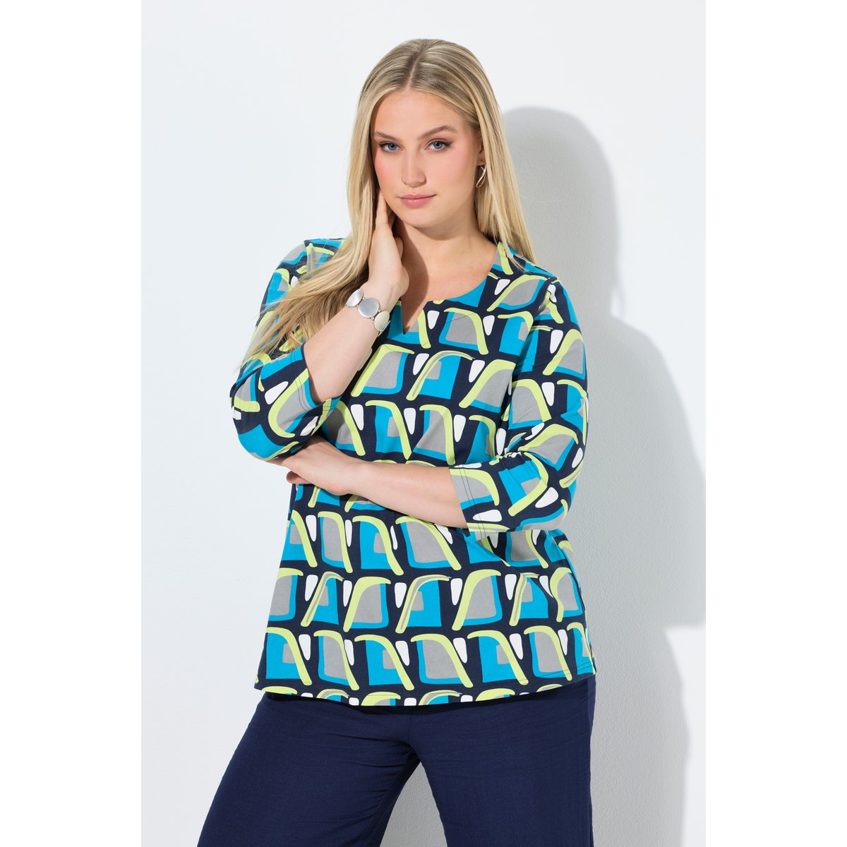 T-shirt col tunisien et manches 3/4 marine, ULLA POPKEN