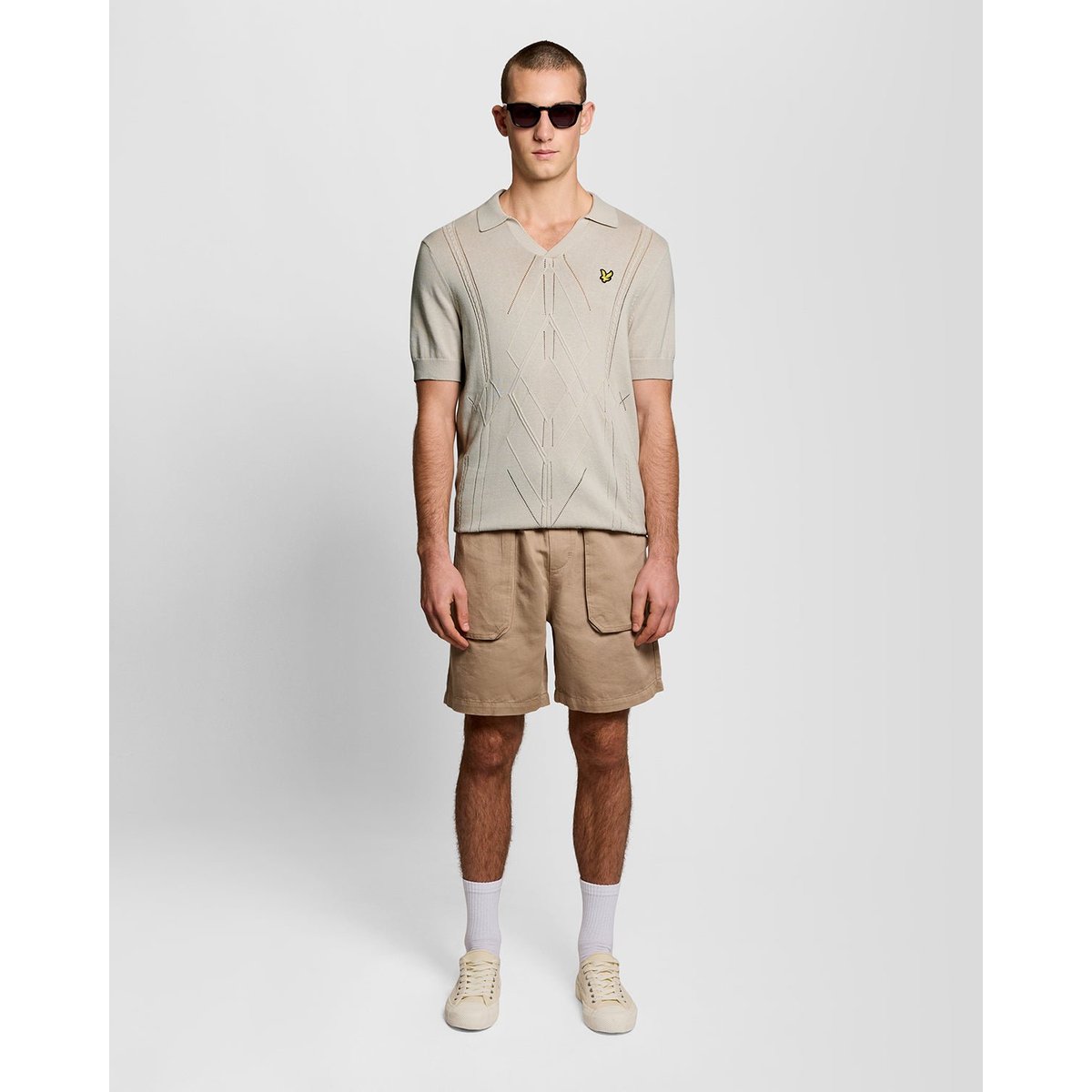 Polo col ouvert à losanges en maille blanc crique, LYLE & SCOTT