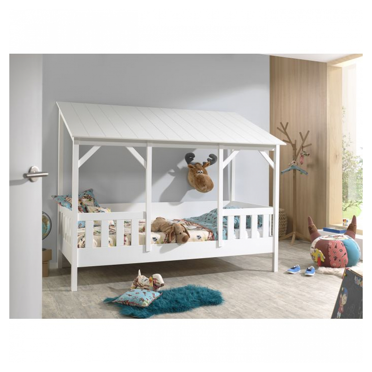 MALIA Lit cabane avec toit + Sommier Lattes Beige couleur unique, VIPACK