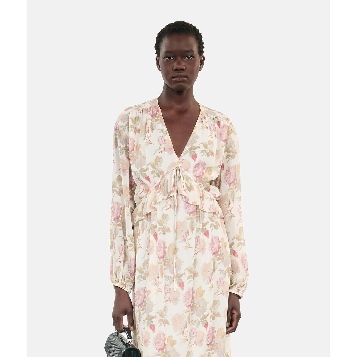 Floral Silk Maxi Dress with Ruffles and Long Sleeves beige print, THE KOOPLES