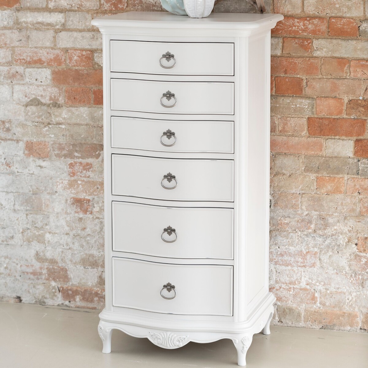 Etienne French-Vintage 6 Drawer Tall Boy grey white , WILLIS & GAMBIER