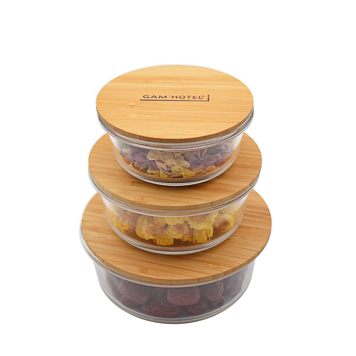 Set de 3 boîtes rondes en verre bambou - 400ml/620ml/950ml couleur unique, GAM HOTEL