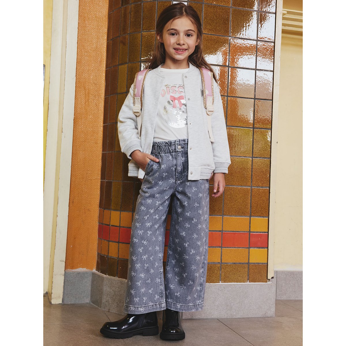 Pantalon large motifs fantaisie denim gris, VERTBAUDET