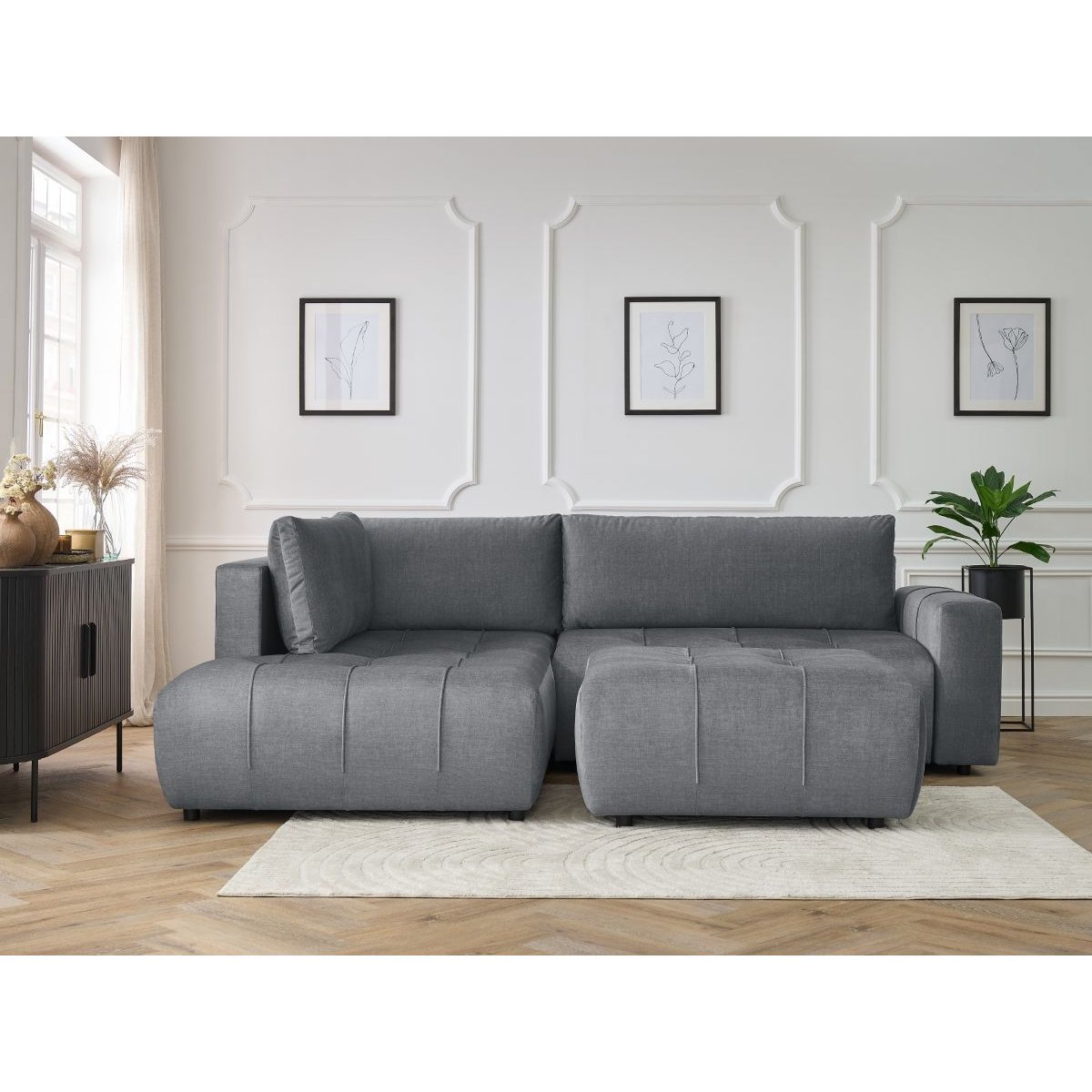 Canapé d'angle convertible 4 places en velours avec pouf, ARSENE gris foncé, BOBOCHIC