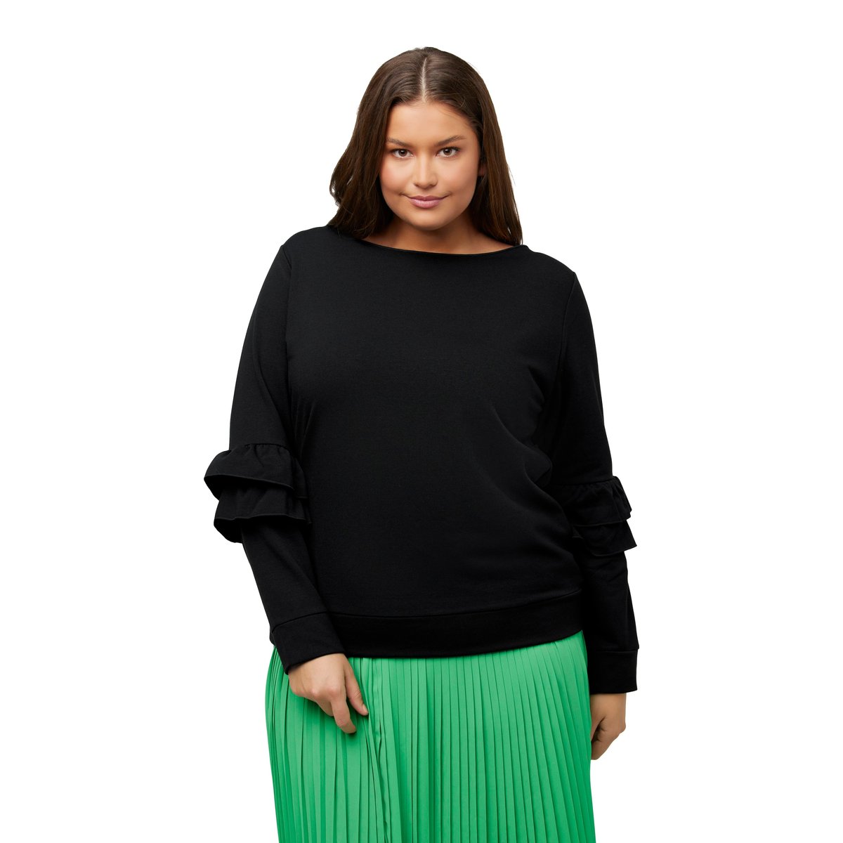 Sweat-shirt, ruché, col en V, manches longues noir, ULLA POPKEN