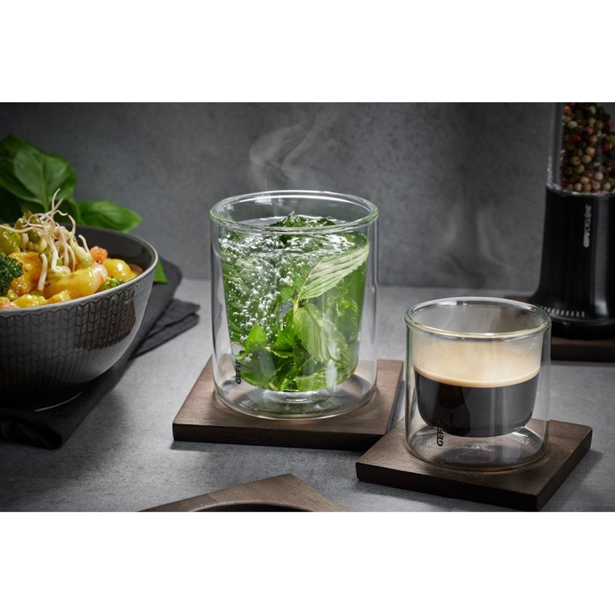 Set de verre Thermo MIRA, 2 pièces 235ml + Sous-verre MIRA, 2 pièces couleur unique, GEFU