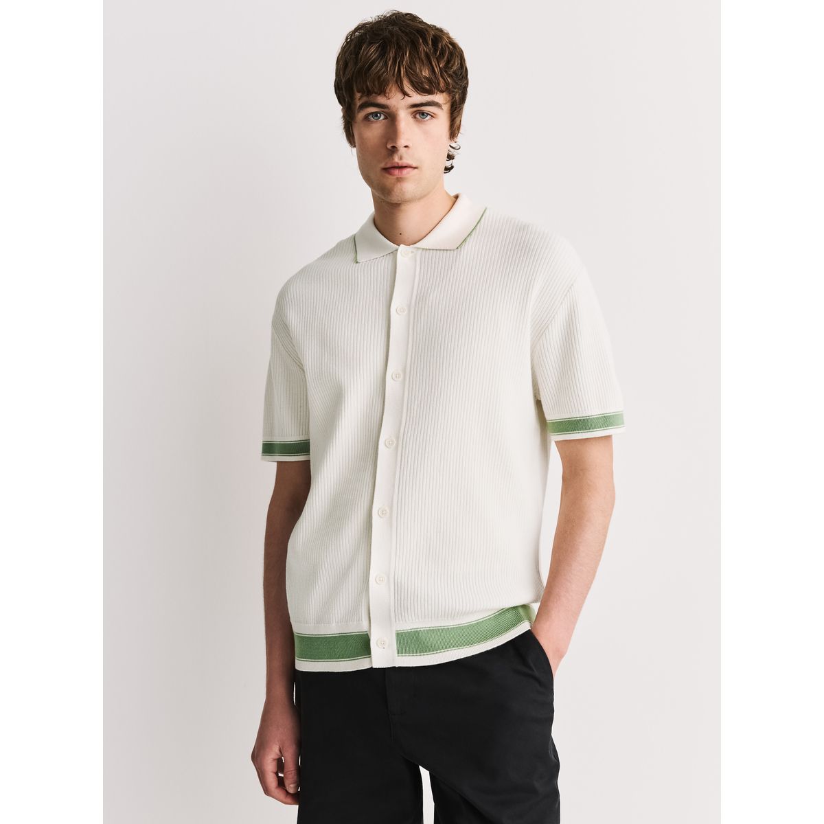 Chemise en maille côtelée texturée à liserés blanc écru, NEXT