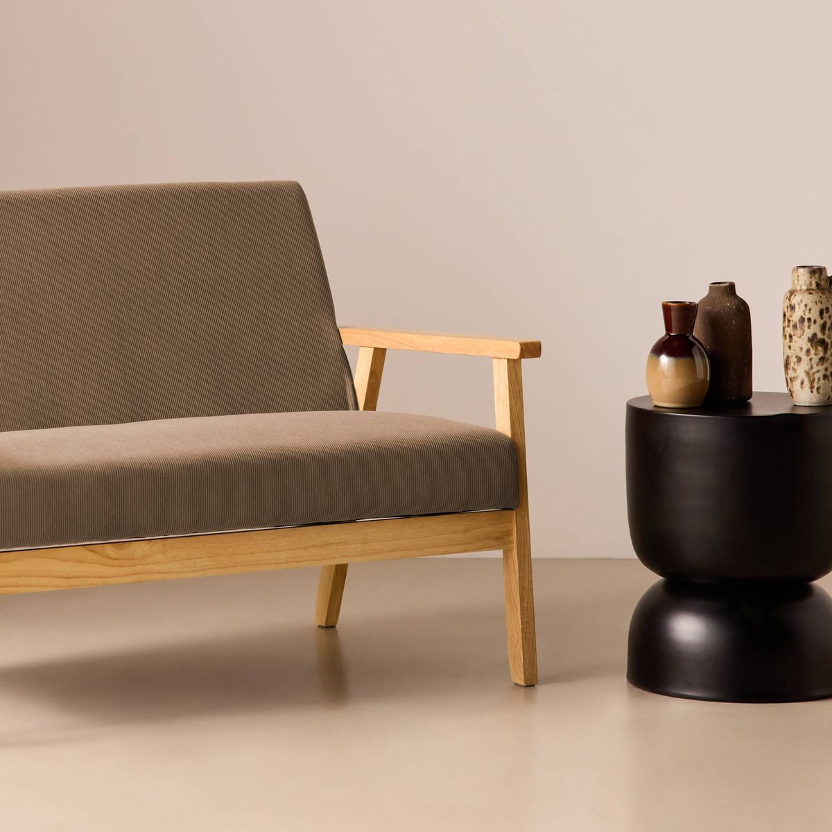 Canapé banquette 2 places bois d'hévéa velours côtelé ISAK taupe, SWEEEK