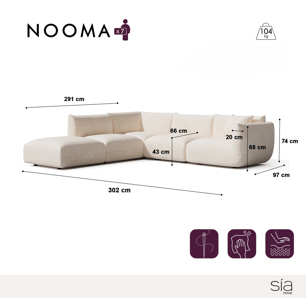 Canapé grand angle gauche modulable 7 places en velours chenillé NOOMA crème, SIA HOME