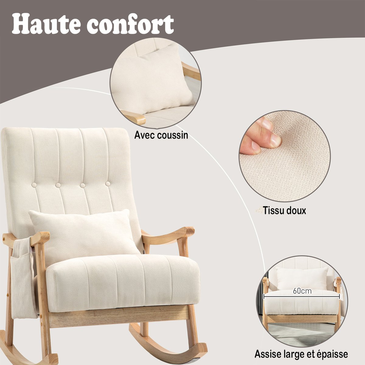 Fauteuil à bascule style scandinave tissu lin, RAMOND beige, MEUBLES COSY