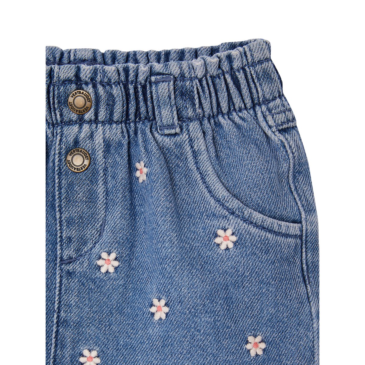 Short bébé en denim brodé stone, VERTBAUDET