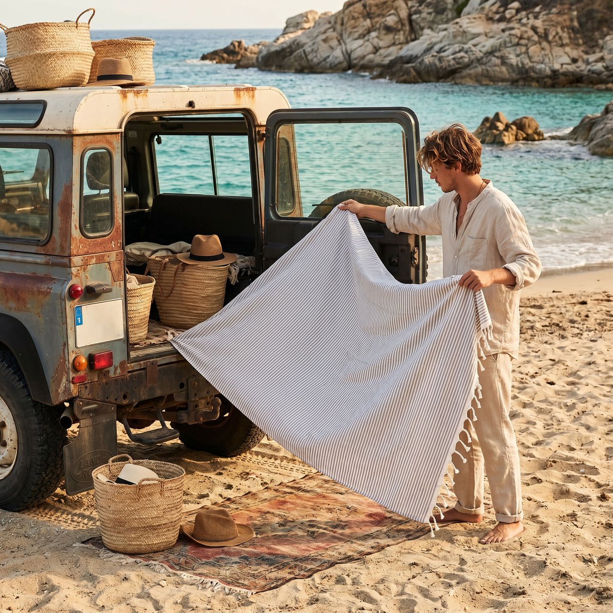 Fouta de plage en coton recyclé anti-sable 1mx2m Ikaria REVA COLLECTION gris, SEVIRA KIDS