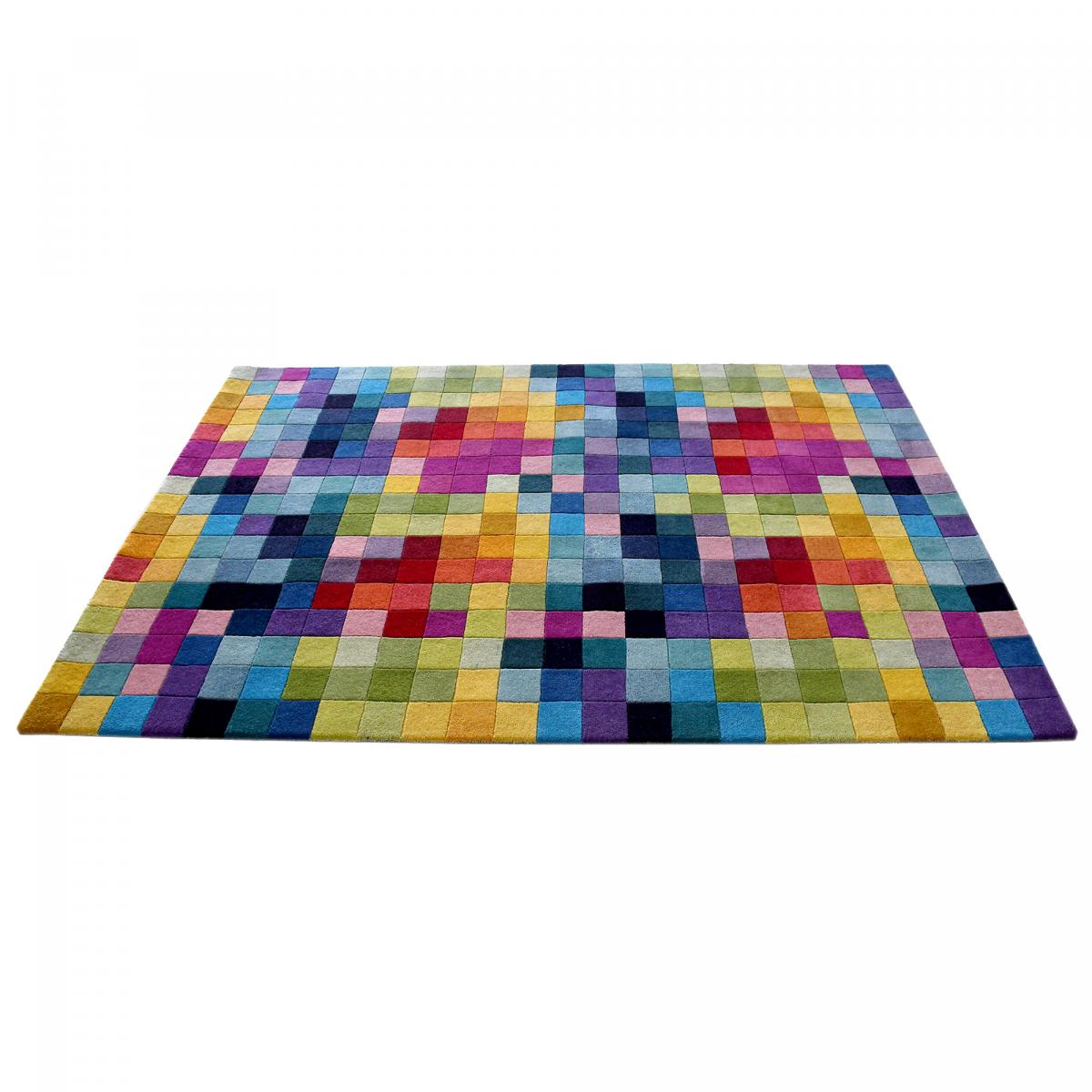Tapis salon et chambre fait main en laine motif damier AXEL multicolore, UN AMOUR DE TAPIS