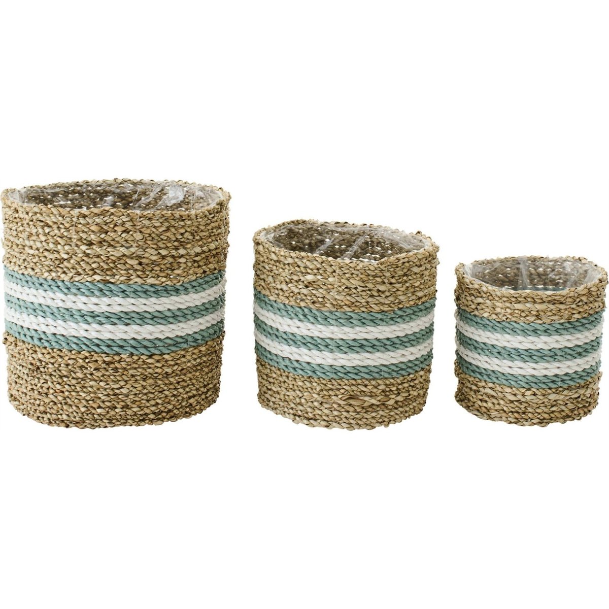 Lot de 3 cache-pots en jonc de mer tressé naturel et turquoise, RECOLLECTION