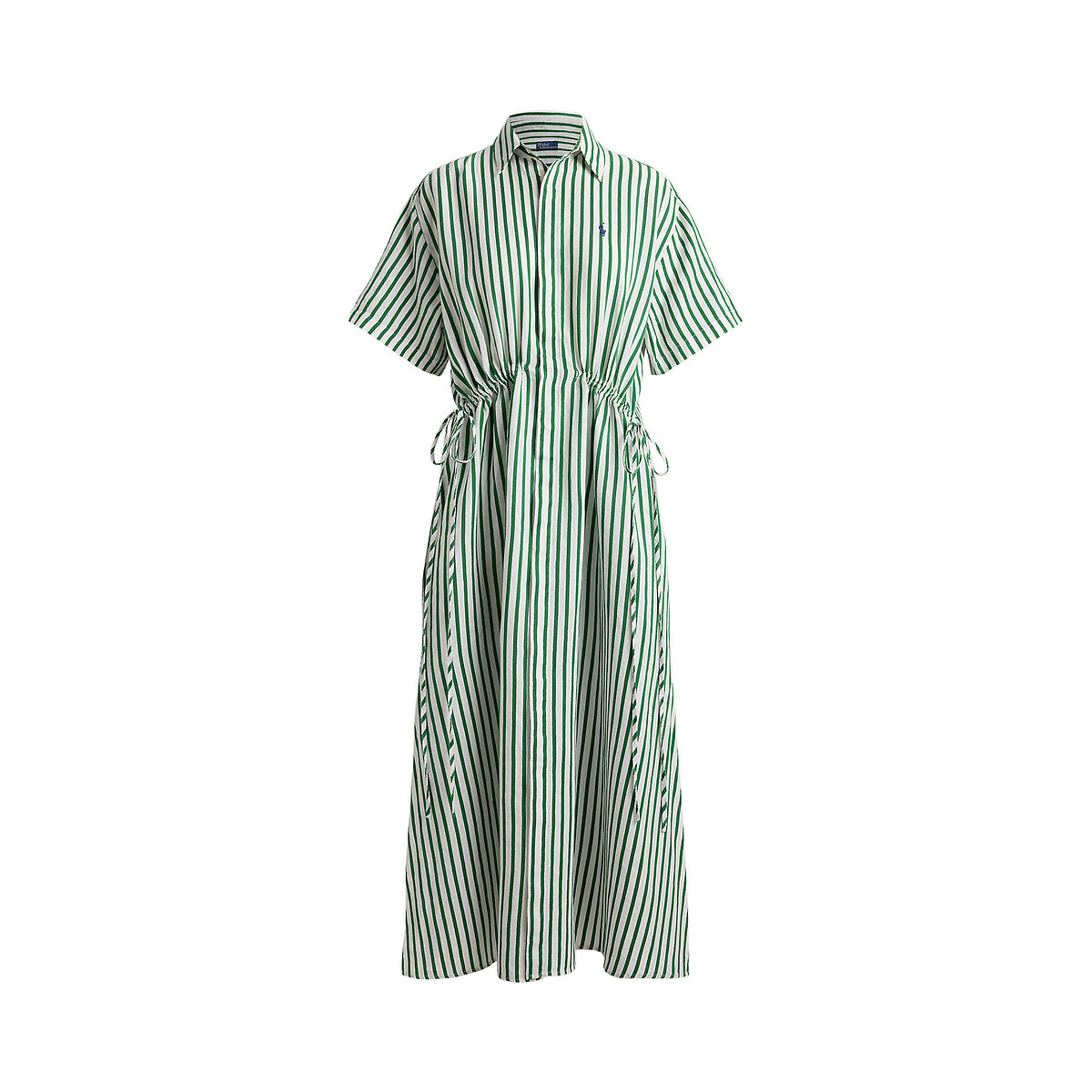 Robe chemise rayée manches courtes midi en lin et coton rayé vert/blanc, POLO RALPH LAUREN