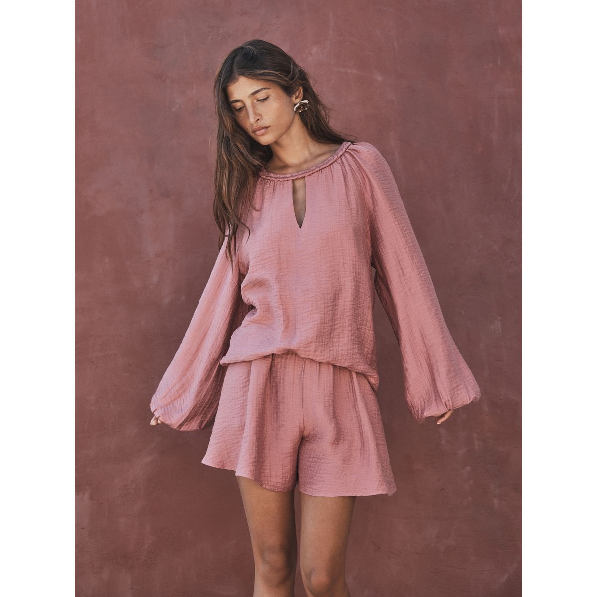 Combi-short à manches ballon et col tressé rose blush, NEXT