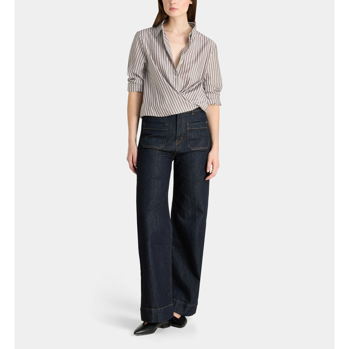 Chemise droite dolly rayée en coton blanc et marron, GALERIES LAFAYETTE