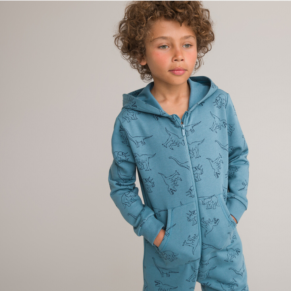 Dinosaur Print Hooded Onesie in Cotton Mix Fleece blue, LA REDOUTE COLLECTIONS