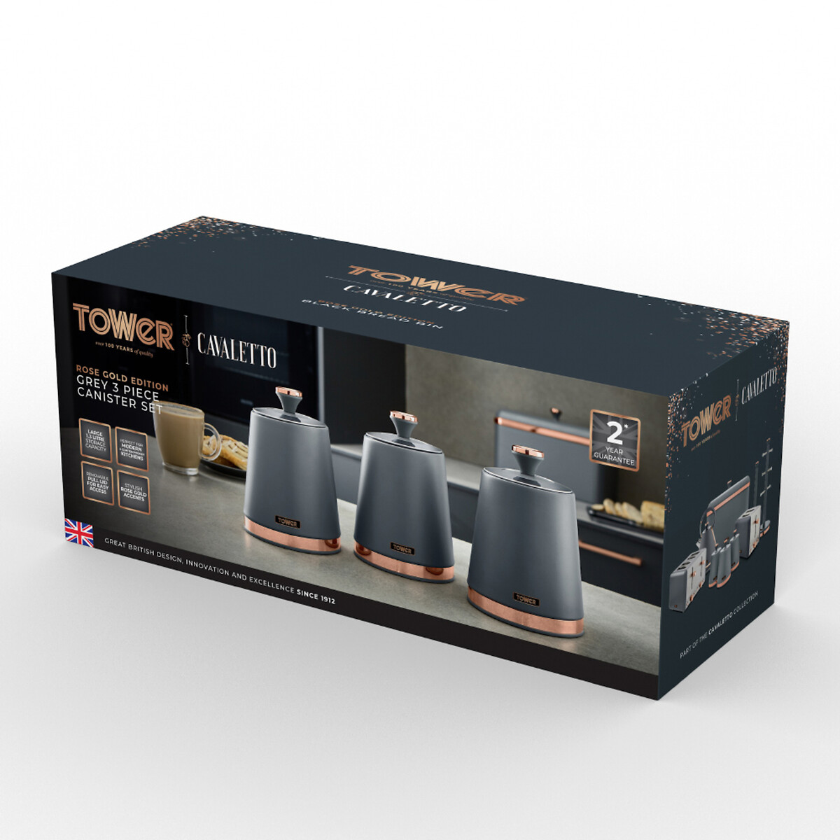 Set of 3 Cavaletto Tea Coffee Sugar Canisters grey, TOWER