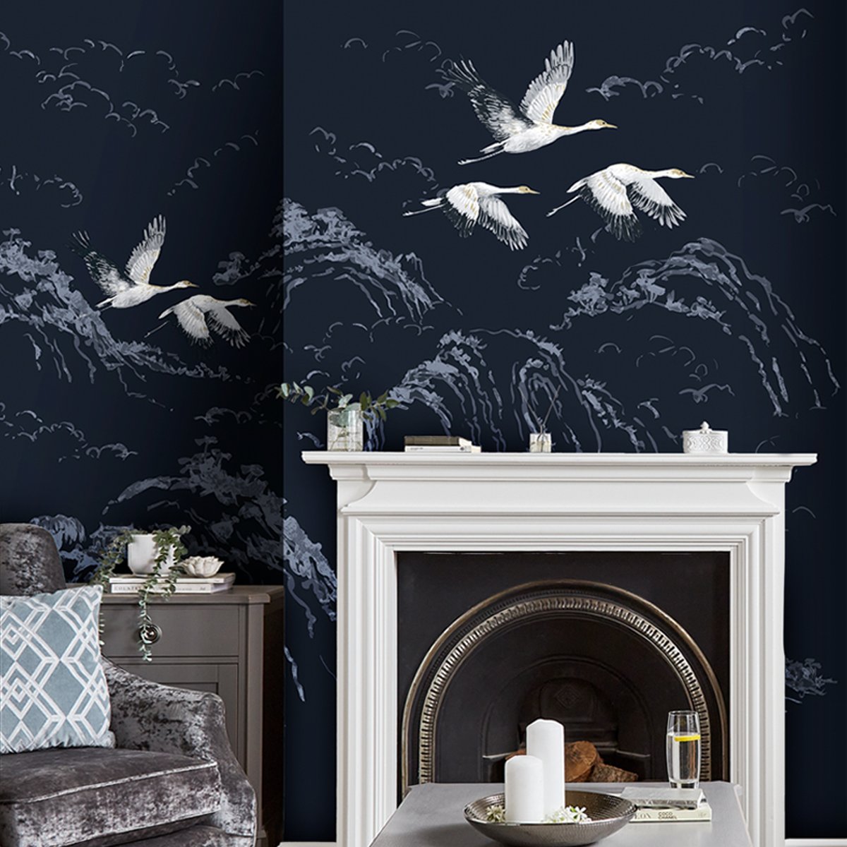 Papier peint panoramique Oiseaux Grues Animalia bleu, LAURA ASHLEY