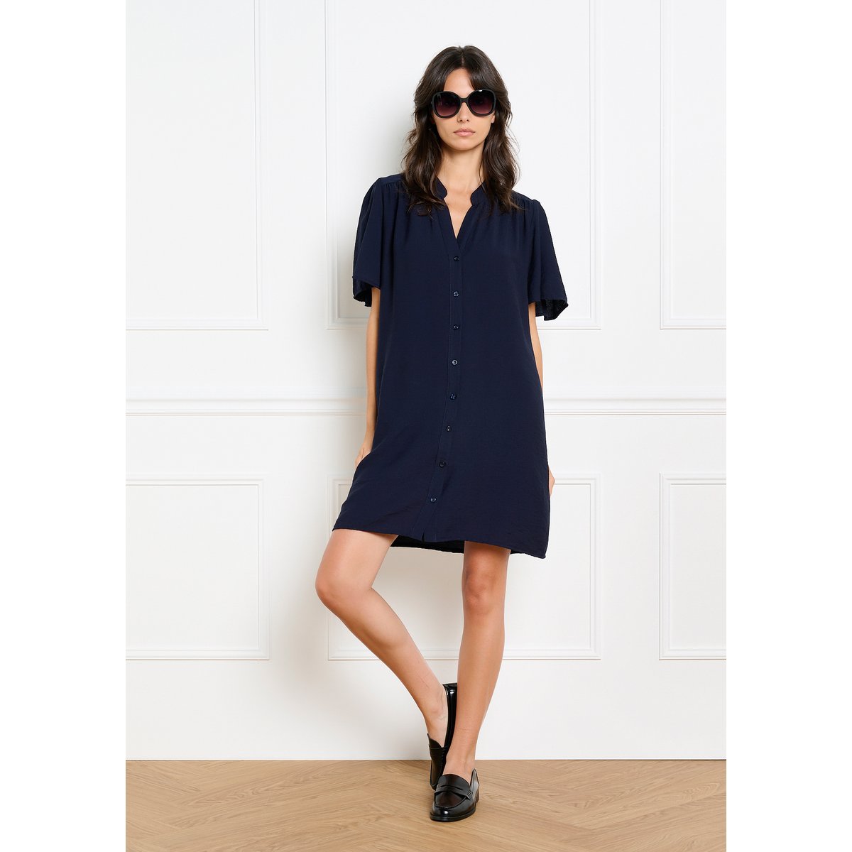 Robe chemise fluide manches papillon bleu marine, LOLALIZA