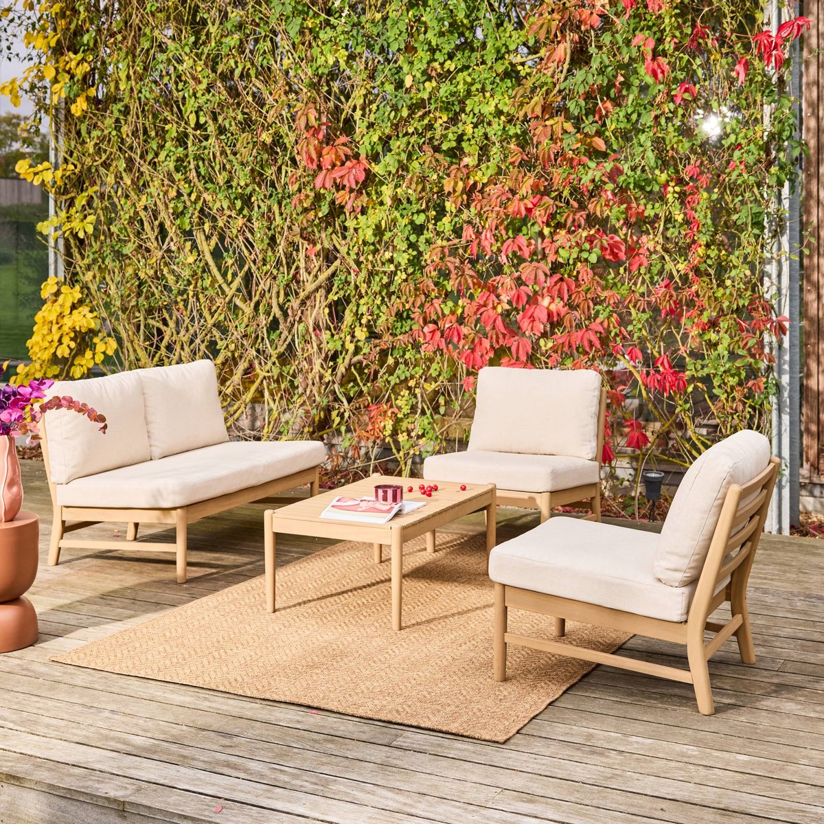 Salon de jardin bois d'acacia 4 places  LUNARI naturel / beige, SWEEEK