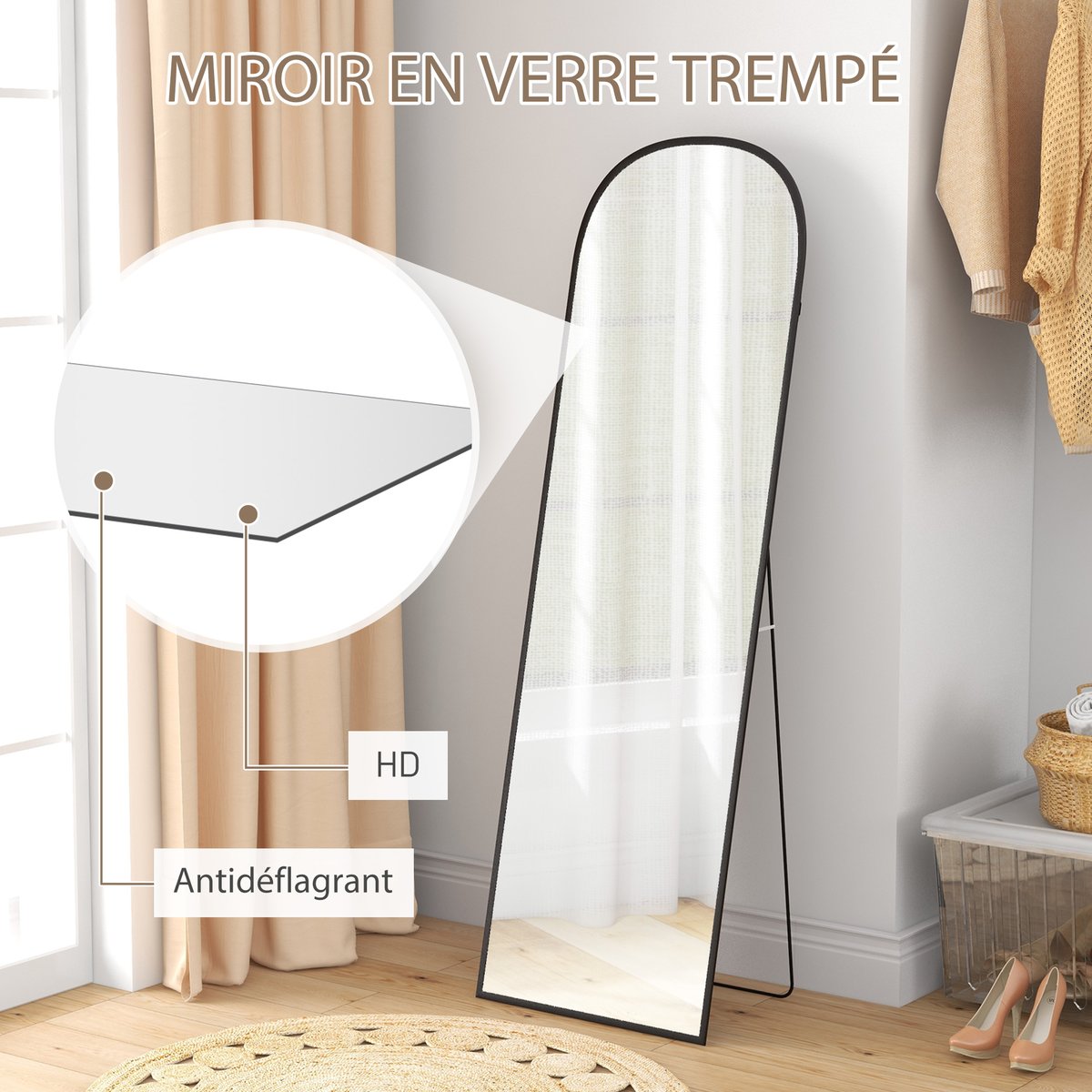 Miroir en pied Alliage d'aluminium noir, HOMCOM