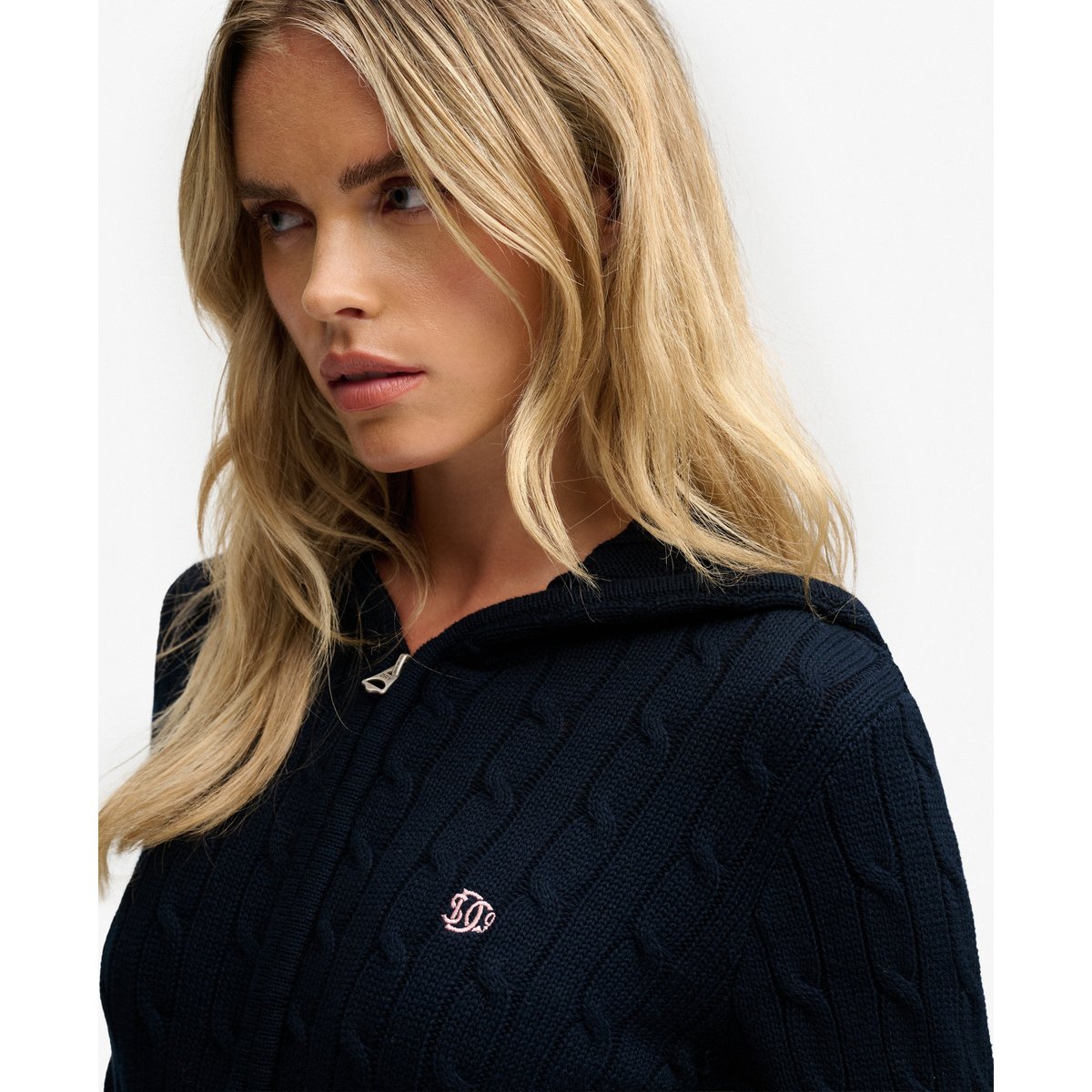 Sweat zippé à capuche Cable Knit coupe ajustée bleu marine éclipse, SUPERDRY