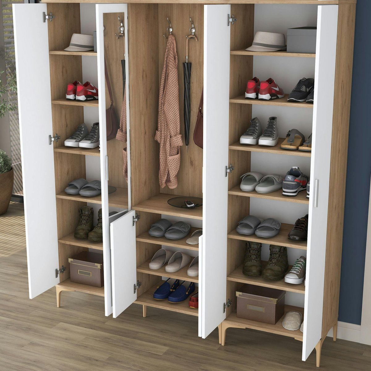 Vestiaire d'entrée blanc et décor noyer avec miroir JENA marron, PIER IMPORT