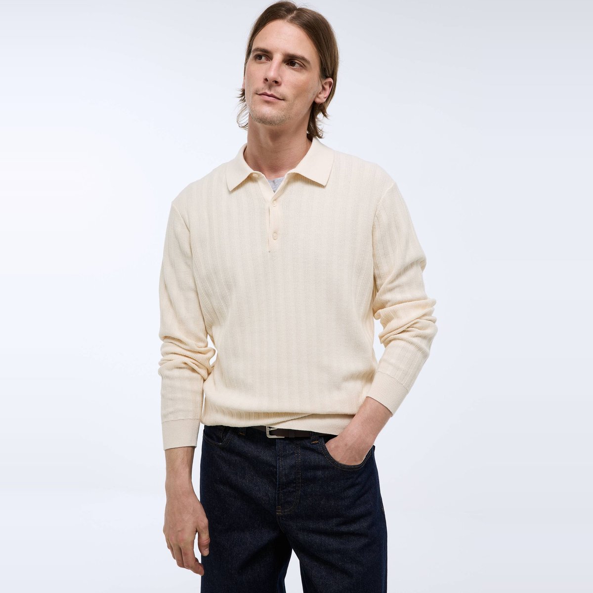 Pull col polo en coton bio GOTS winter white, MONOPRIX