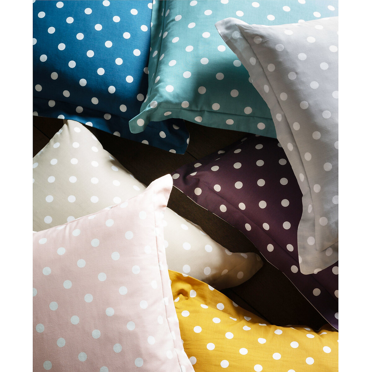 Drap pur coton imprimé pois, Clarisse blanc/bleu pétrole, LA REDOUTE INTERIEURS