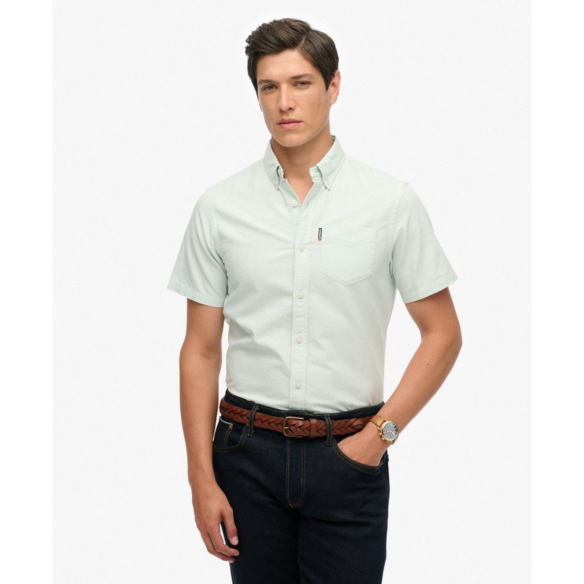 Chemise Oxford Manches Courtes Coupe Classique vert clair, SUPERDRY